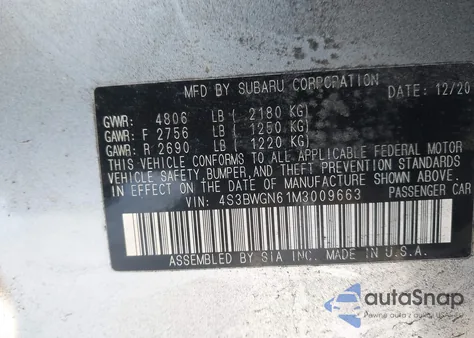 2021 Subaru Legacy Limited Xt z USA, uszkodzony, nr VIN 4S3BWGN61M3009663